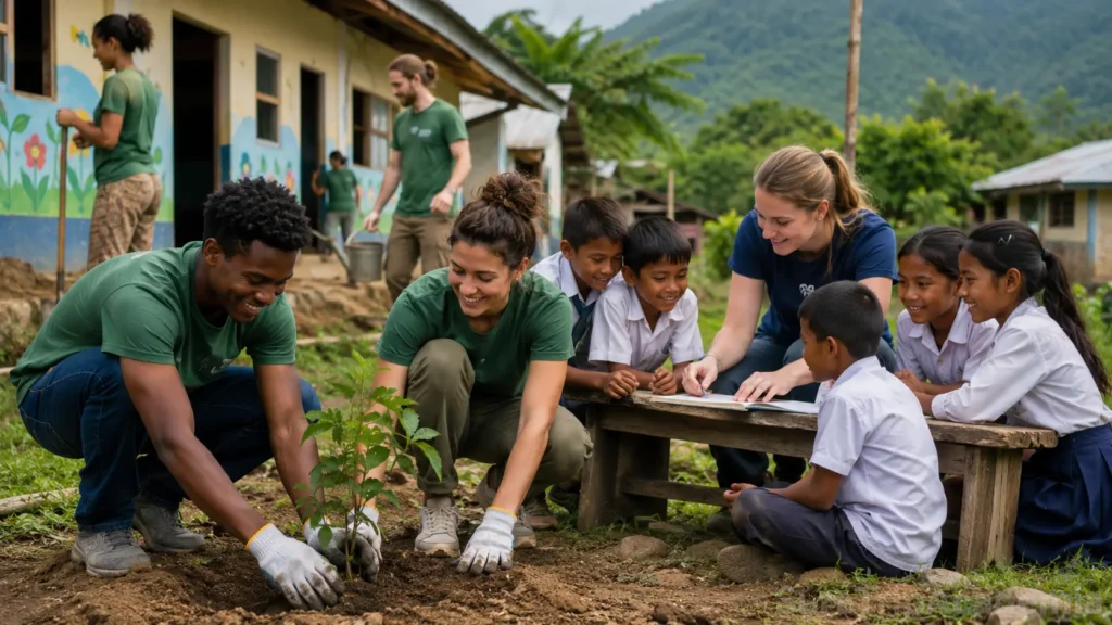 International volunteers working together on a community development project abroad, representing cultural exchange, humanitarian service, and global impact.