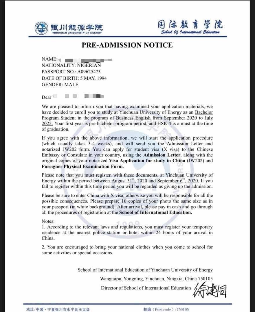 Pre-Admission Notice