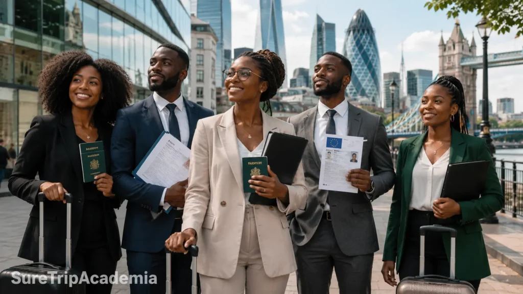 African professionals and graduates preparing for employment opportunities in Europe, holding passports and work visa documents with European city skyline in the background.