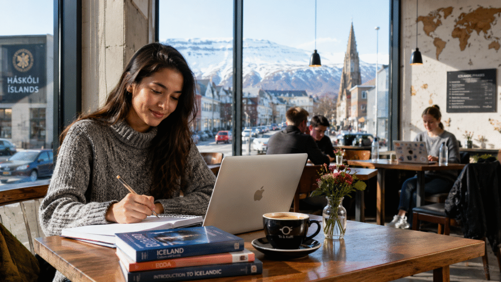 International student studying in a Scandinavian café while planning education expenses in Iceland.