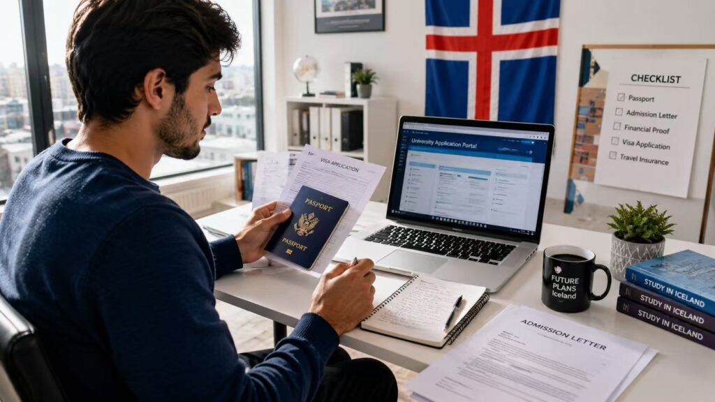 Student preparing Iceland residence permit and university admission documents.