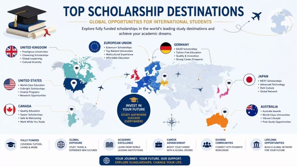World map showing major countries offering fully funded scholarships for international students.