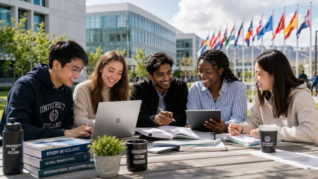 International scholarship students collaborating on a university campus.