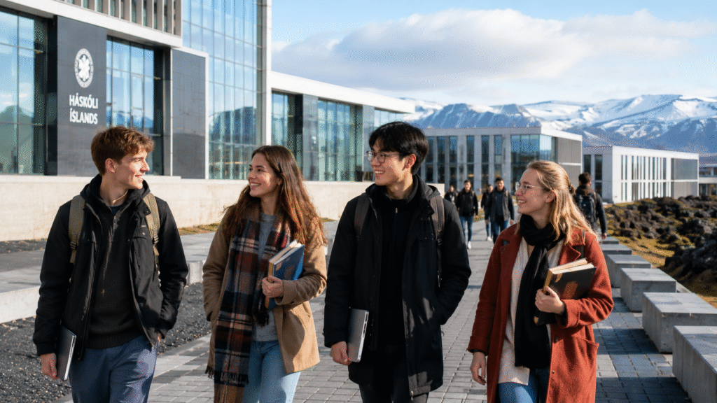 International students walking on a modern university campus in Iceland.

