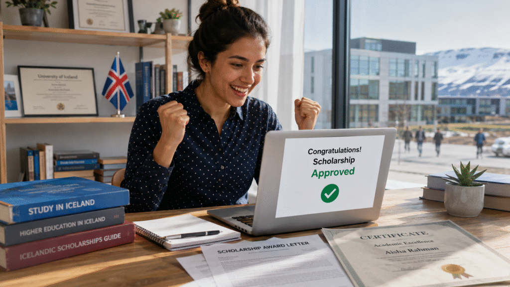 International student celebrating scholarship approval for studies in Iceland.
