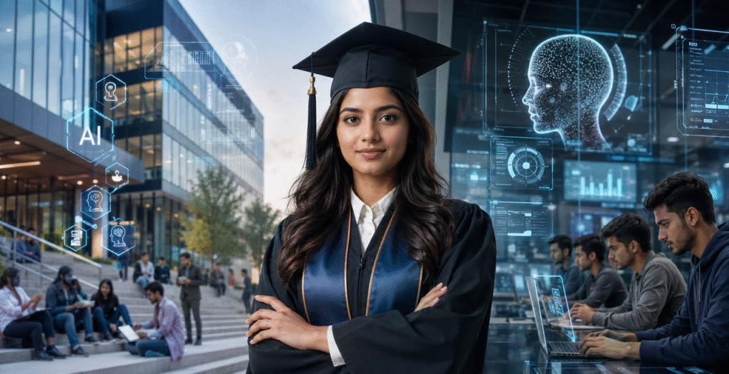 University graduate standing between traditional education and artificial intelligence technology.