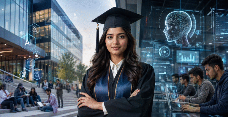 University graduate standing between traditional education and artificial intelligence technology.