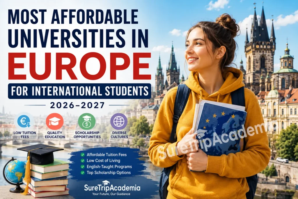 International students studying at affordable European universities with historic campuses, modern facilities, and diverse multicultural learning environments.
