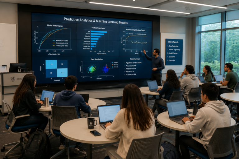 An active-learning university classroom layout featuring modular round tables, individual laptops, and a large multi-screen video wall displaying data analytics models.