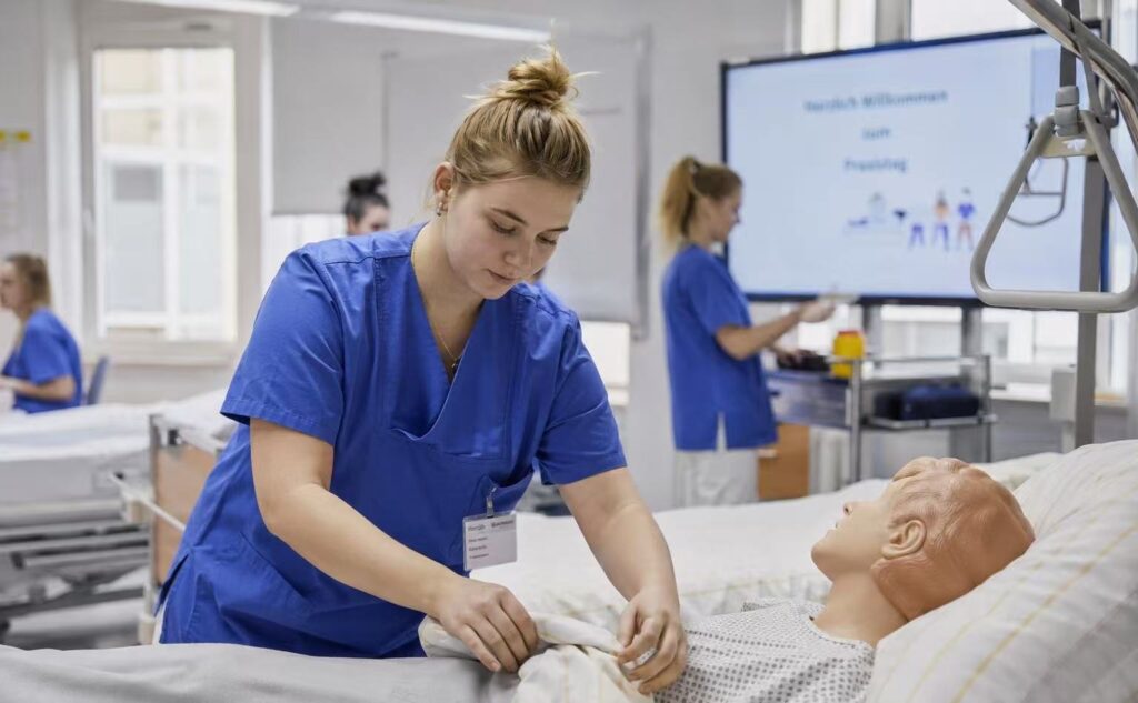 International trainee receiving vocational healthcare training in Germany through the Ausbildung program.