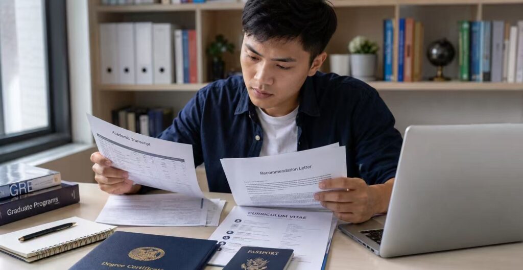 Student preparing documents for a Canadian scholarship application.