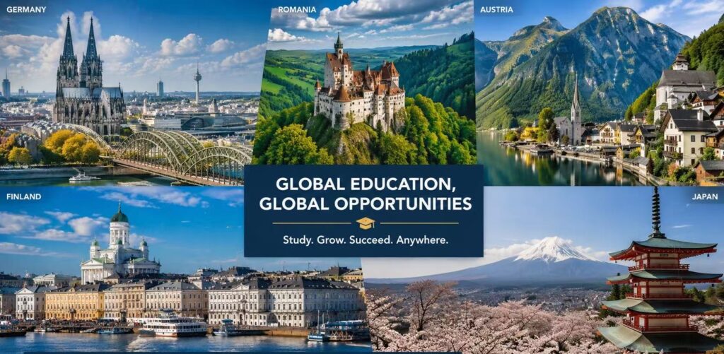 Collage featuring Germany, Romania, Austria, Finland, and Japan as top destinations for affordable international opportunities.