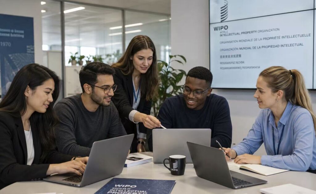 Young professionals collaborating in an international innovation and intellectual property environment.