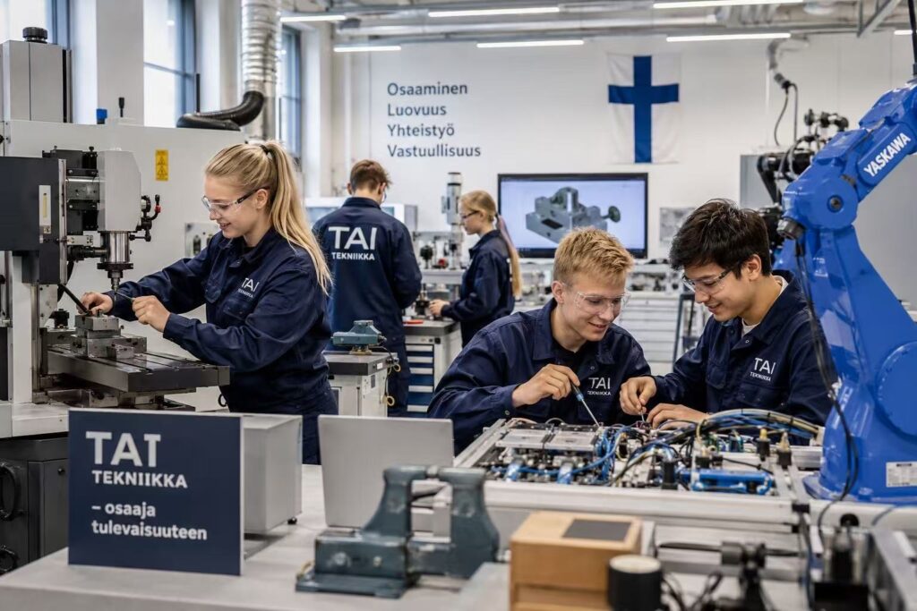 International students learning technical and vocational skills in Finland.
