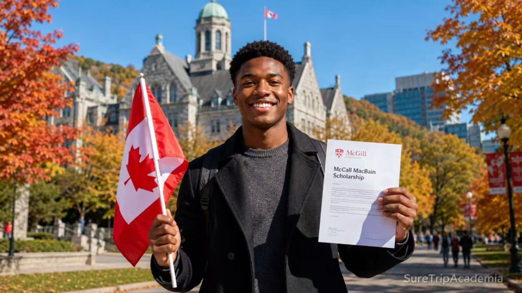 International student celebrating a scholarship opportunity at McGill University in Montreal, Canada.