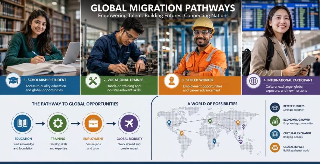 Visual representation of scholarships, vocational training, employment sponsorship, and international exchange programs.