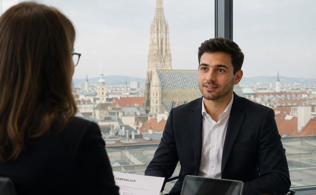 Young professional attending a job interview in Austria after entering through the Job Seeker Visa pathway.