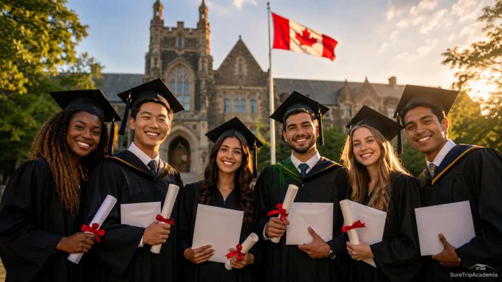 International students celebrating undergraduate scholarship success at a Canadian university campus.