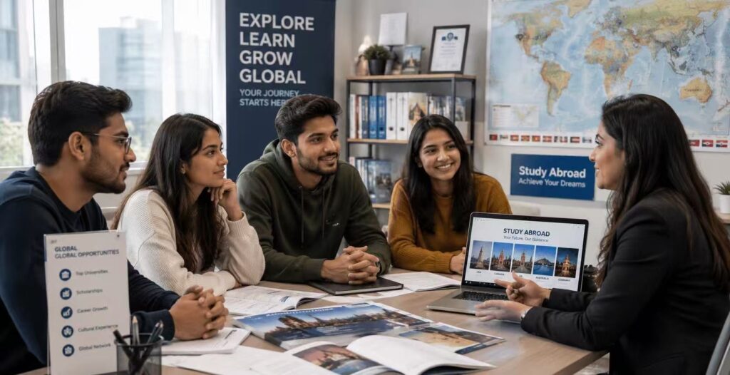 Students and professionals discussing international education and migration opportunities with an advisor.