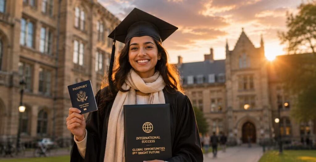 Successful international graduate holding a passport and diploma in front of a European university.