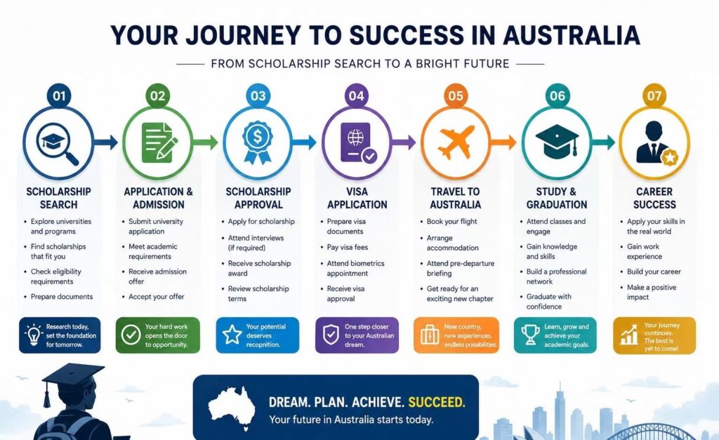 Step-by-step roadmap for studying in Australia with a scholarship.
