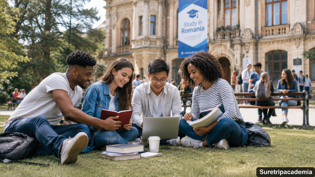 International students studying together at a Romanian university campus.