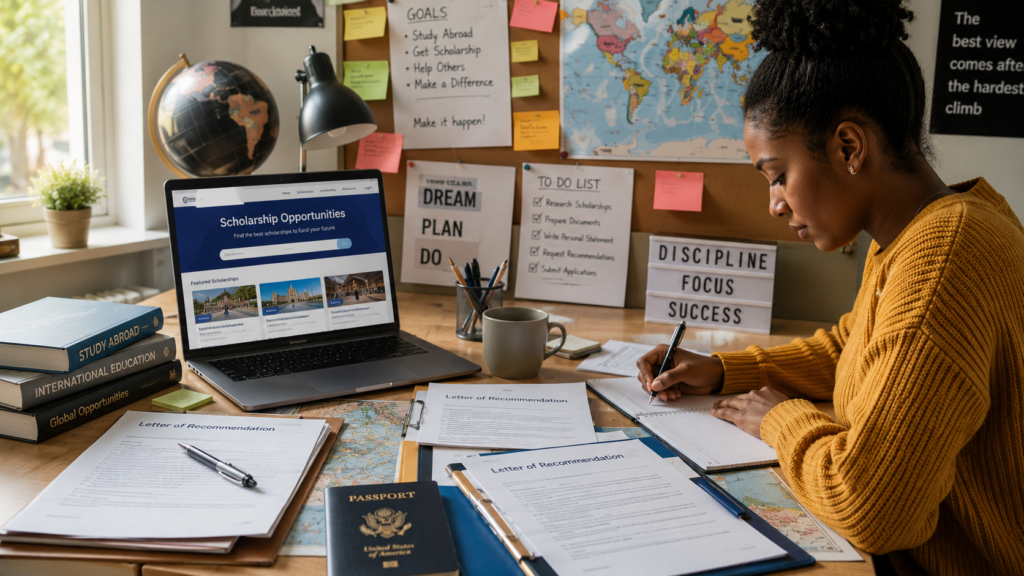 Applicant preparing scholarship documents, recommendation letters, and visa paperwork.