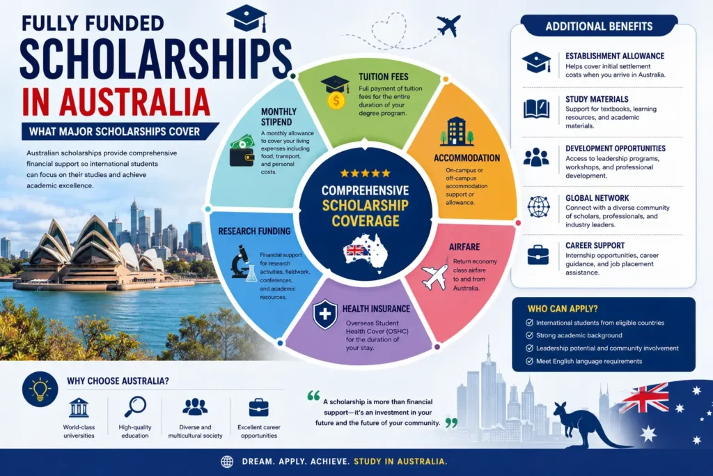 Infographic showing the benefits covered by fully funded scholarships in Australia.