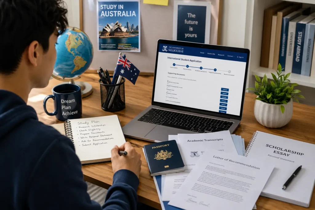 Student preparing scholarship and university application documents for Australia.