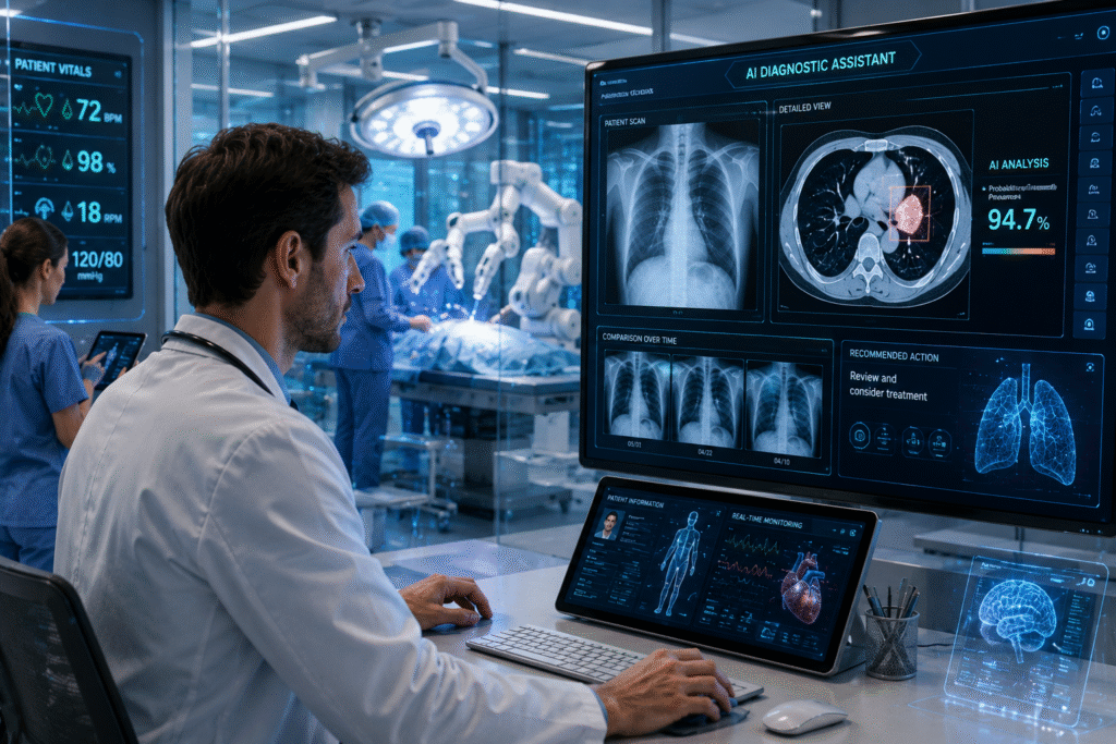 Medical professionals using AI-assisted healthcare technology