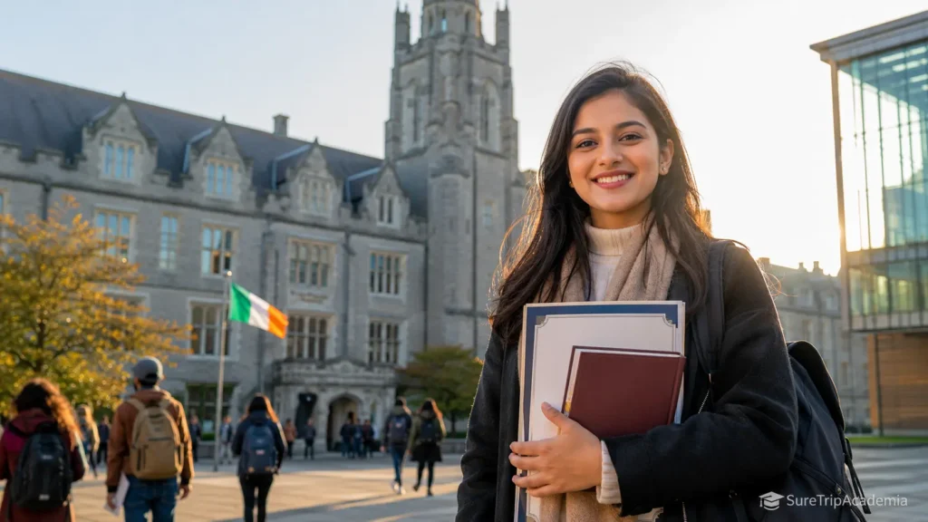 International postgraduate student standing confidently on a modern Irish university campus while holding scholarship award documents, with historic and contemporary Irish academic buildings in the background.